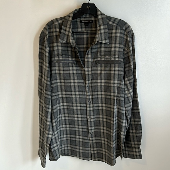 John Varvatos Gray Plaid Zipper Pocket Button Down Shirt - Picture 1 of 7